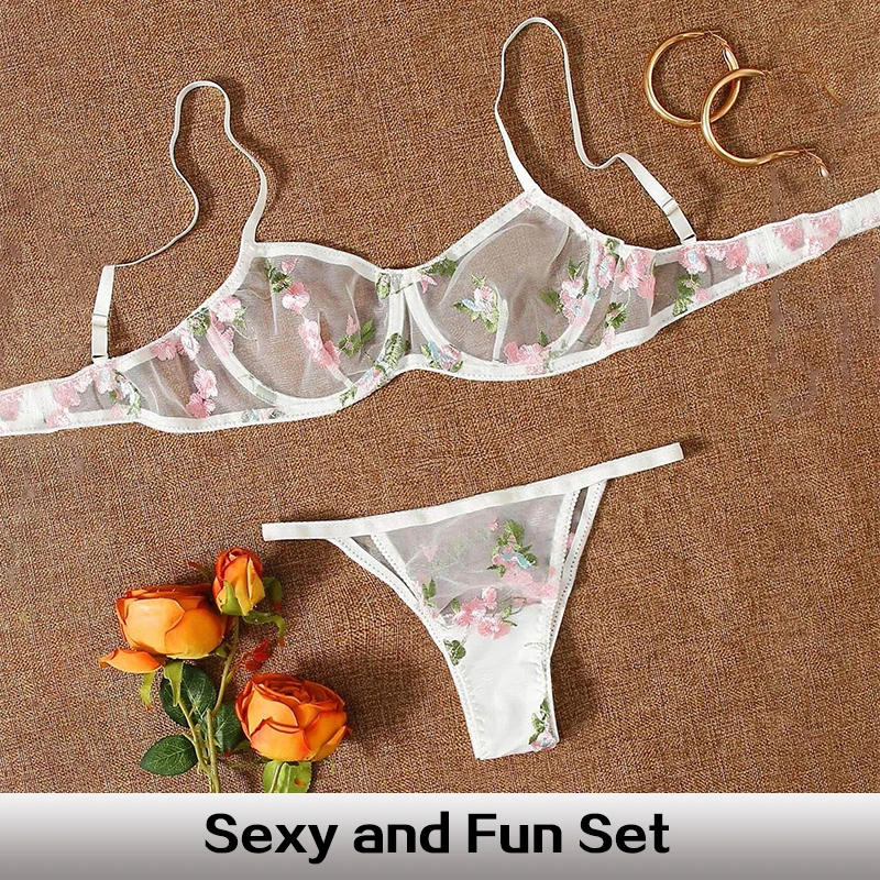 Girl\'s Sweet Bra Set Mesh Transparent Embroidered Flower Underwear Underwear Sexy and Comfortable Underwear Set