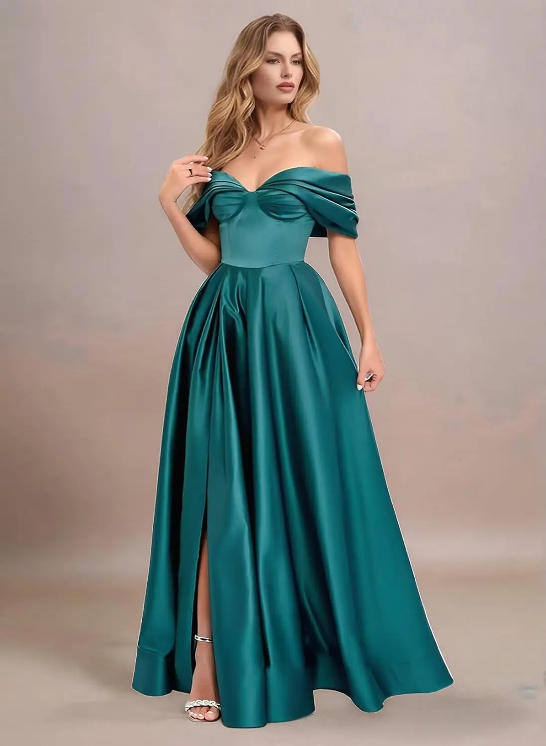 

Off The Shoulder Satin Prom Dresses Long A Line Evening Gown with Slit V Neck Pleated Formal Dress