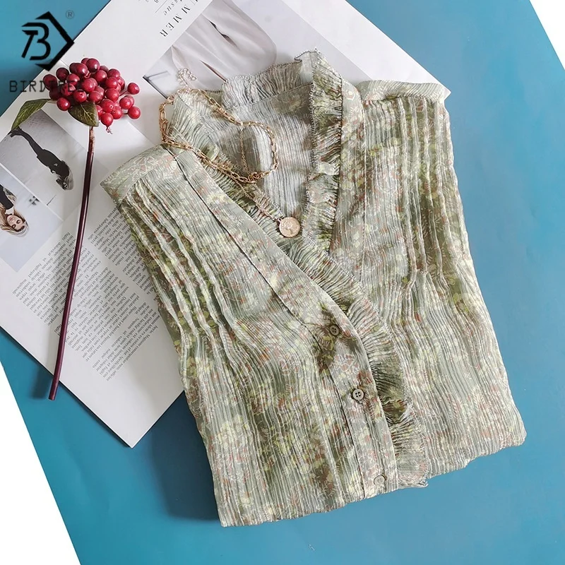 

Birdtree,21% Silk Floral Print Blouse,Women's V-neck Wrinkled Edge Shirts,Full Sleeve Tops,French Style,2025 New Shirt T5D315JF