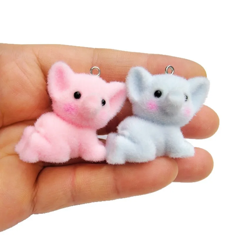 10pcs 3D Cute Crawling Elephant Charms Flocking Resin cartoon animal Pendant For Bag Keychain Earring DIY Crafts Jewelry Make