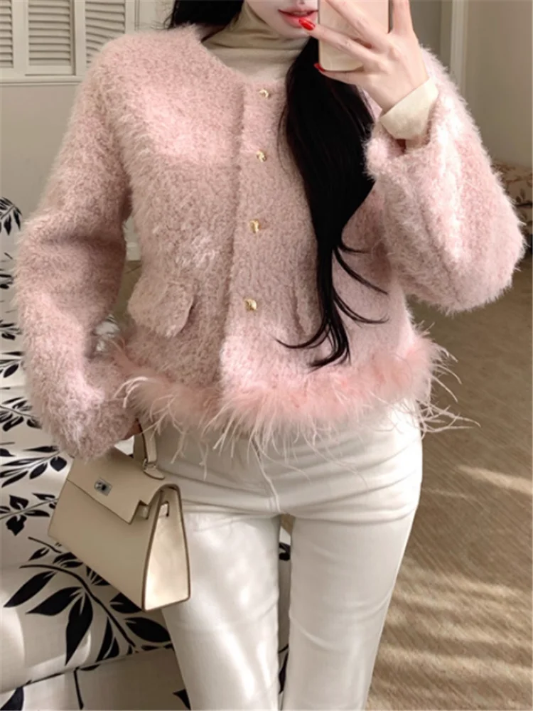 

Элегантная женская розовая бежевая короткая шерстяная куртка на осень-зиму с круглым вырезом, роскошное меховое лоскутное теплое шикарное пальто, женская верхняя одежда знаменитостей, топ