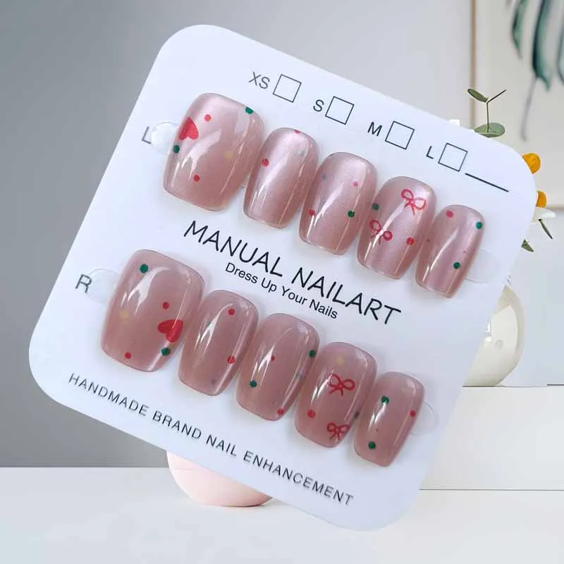 10Pcs Cute Heart and Bowknot Polka Dot Print Press On Nails Nails Patch Simple Women and Girls Nail Slices Macaron False Nails