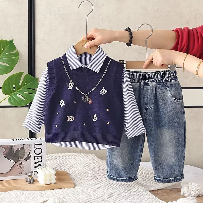 Baby Boys Spring Autumn Clothing Set New Children's Korean Style Preppy Shirt Vest Pants Set Kids Fashion 3 Piece Outfit