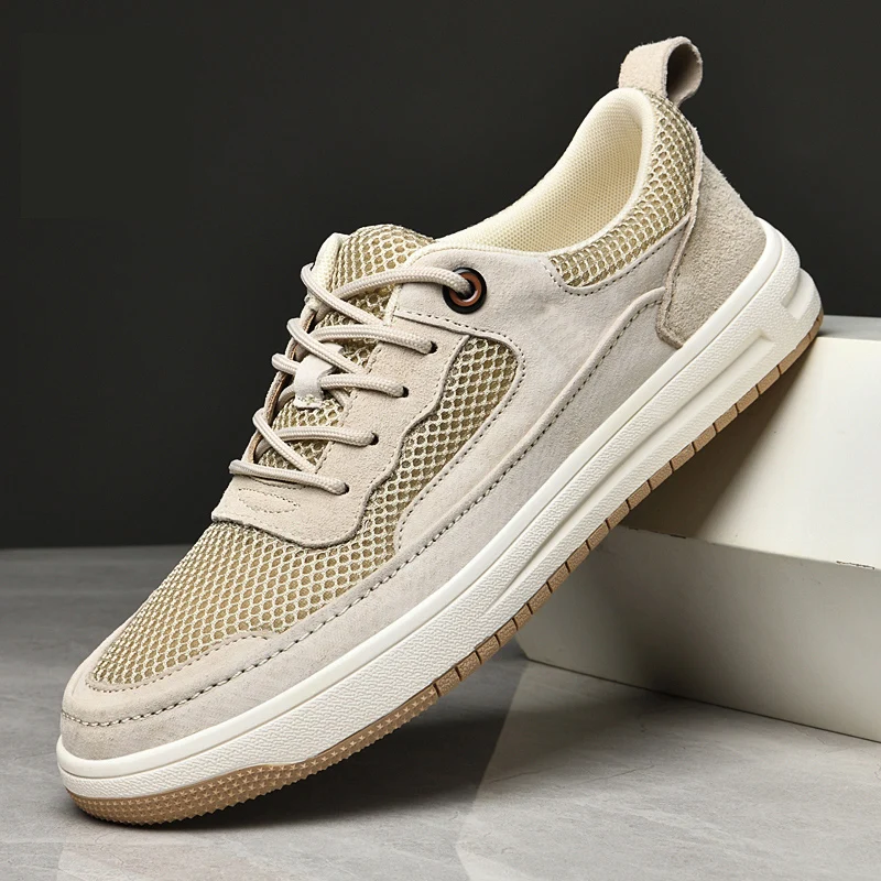 

2025 Men's New Autumn Leather Panel Sneakers - Breathable White Shoes for Casual & Sporty Wear