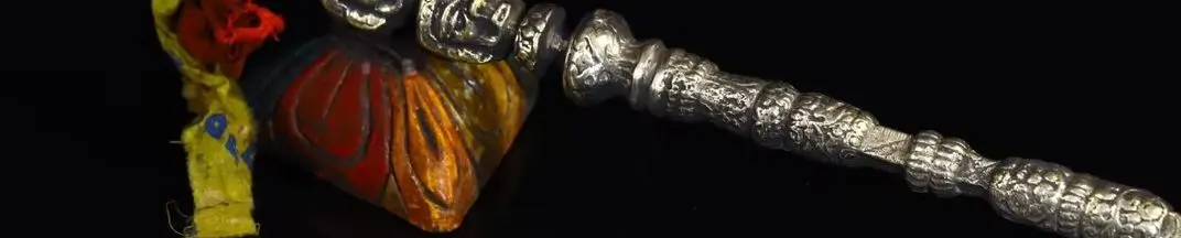 Temple Collection Old Bronze Cinnabar Skull Buddha Head Fork shape  Vajra Phurpa Dharma Amulet Town house Exorcism