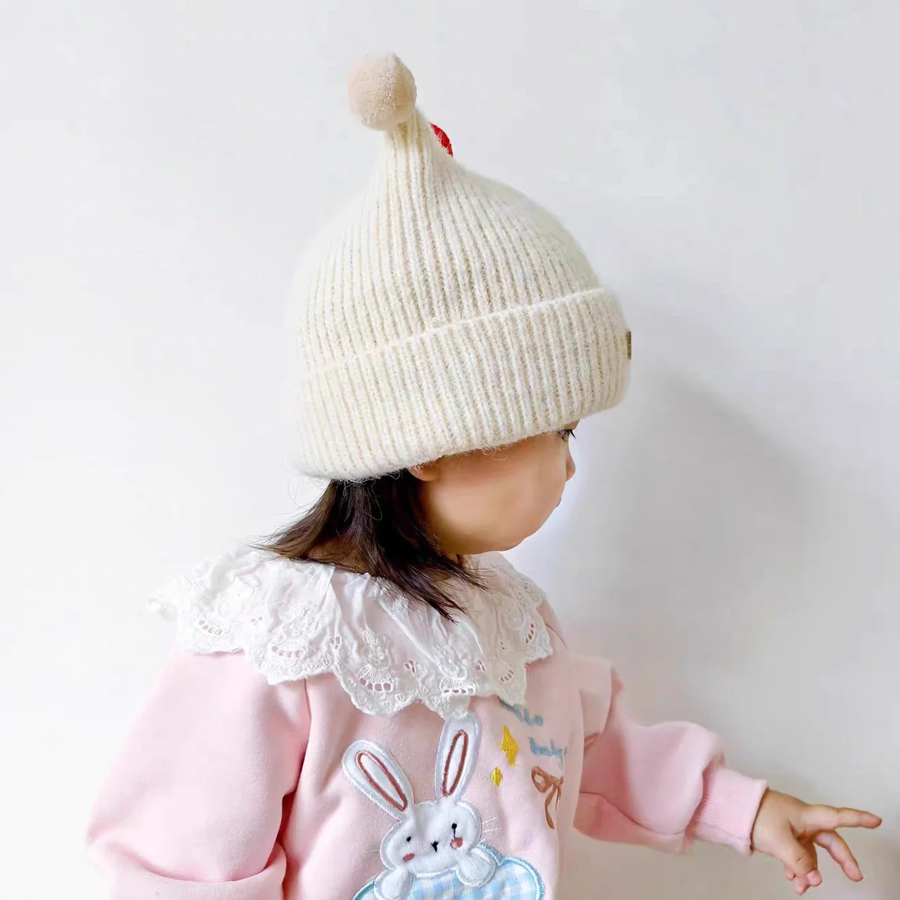 1-4Year Baby Knitted Hat Cute Double Plush Ball Pullover Cap Anti-Cold Warm Kids Ear Protection Wool Hats Winter Children Beanie view 5