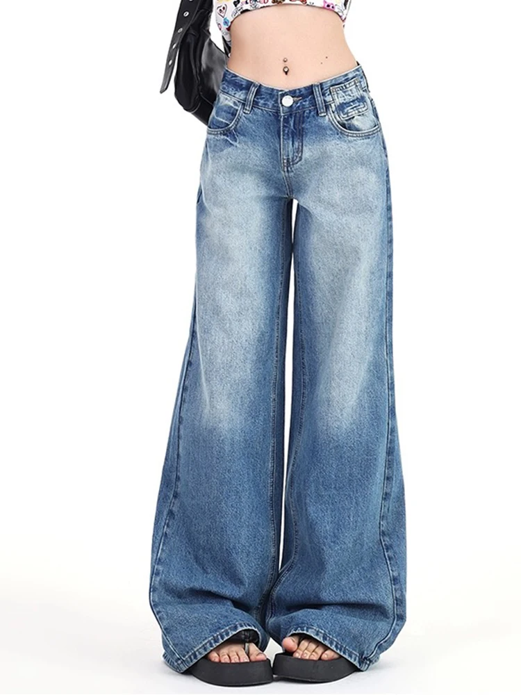 Summer Solid Color Chicly Full Length Loose Straight Women Jeans American Vintage Low Waist Fashion Washed Female Wide Leg Pants