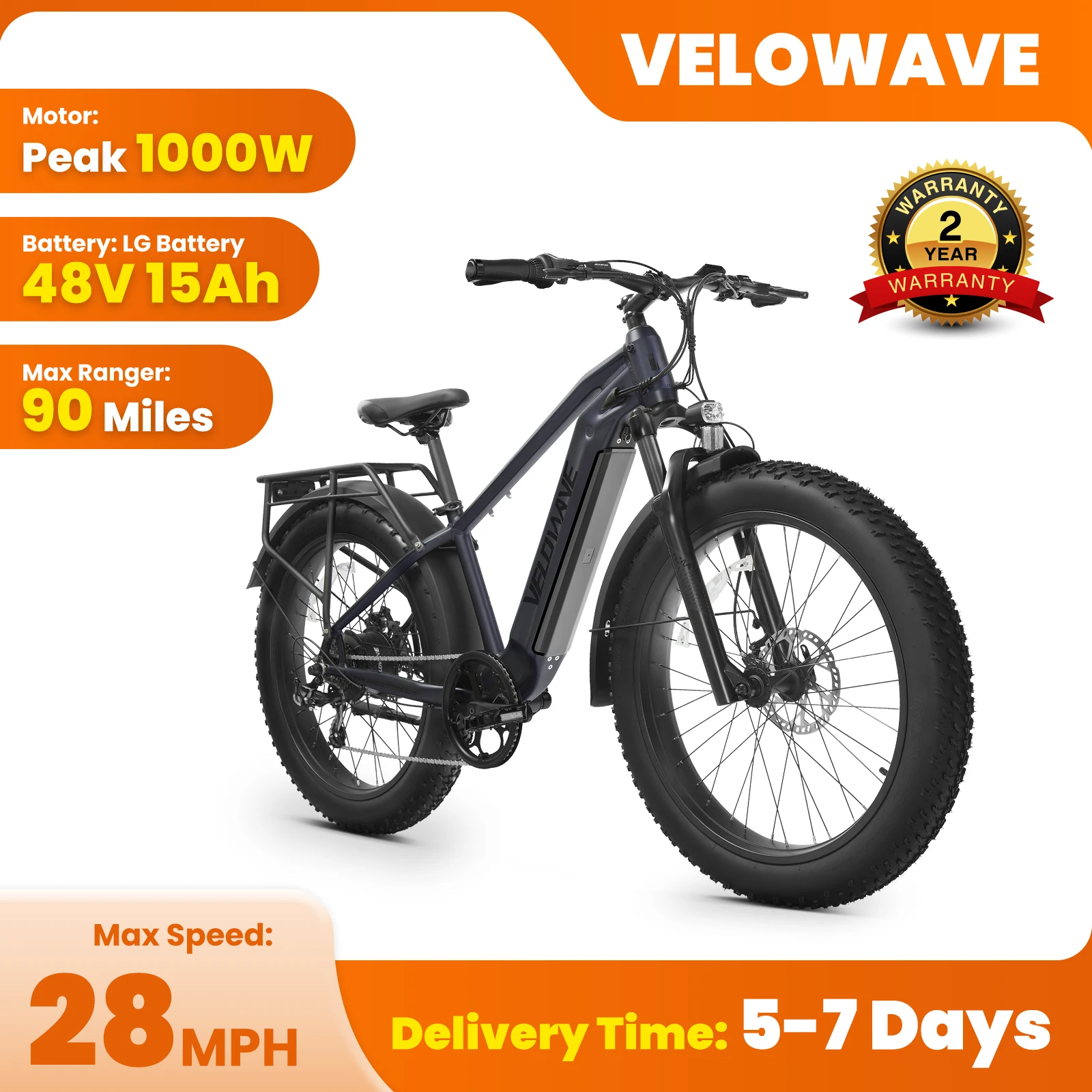 

VELOWAVE Peak 1200W Electric Bike for Adults Fat Tire Mountain All-Terrain Ebike 28MPH 48V 15Ah Removable Battery E Bike