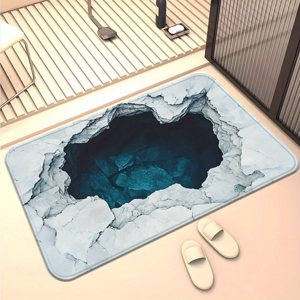 3D Crack Ice Hole Illusion Carpet Mat - Blue Abyss Anti Slip Floor Carpet Suitable for Entrance Door Pads and Home Decoration
