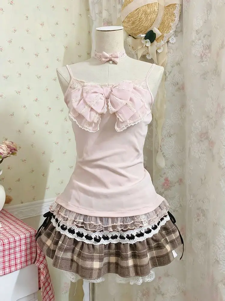 Japanese Sweet Three Piece Set Women Lace Bow Blouse + Cami Top + Plaid Ruffle Mini Skirt Y2K Vintage Kawaii Korean Chic Outfits view 3
