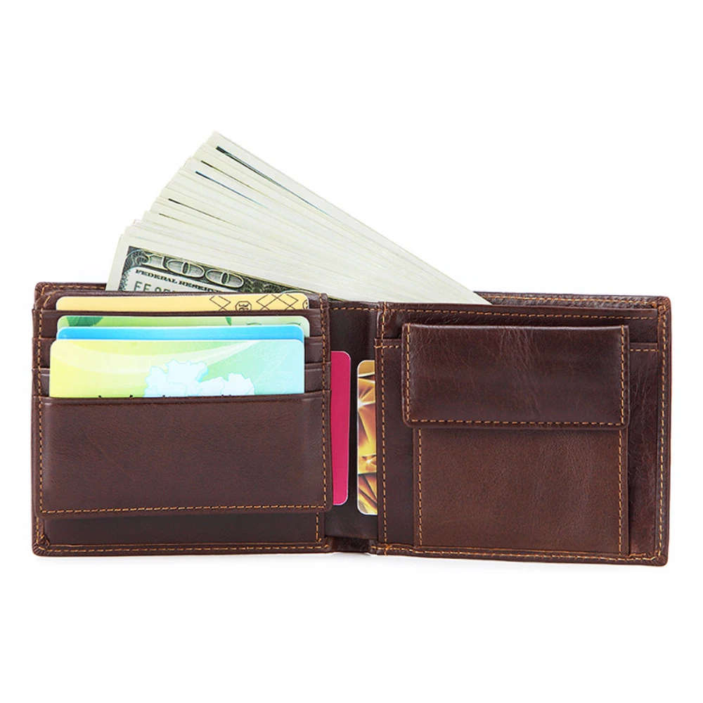 Genuine Leather Men Wallet Vintage RFID Cowhide Short Wallet Trifold Card Holder Luxury Design Male Purse with Coin Pocket