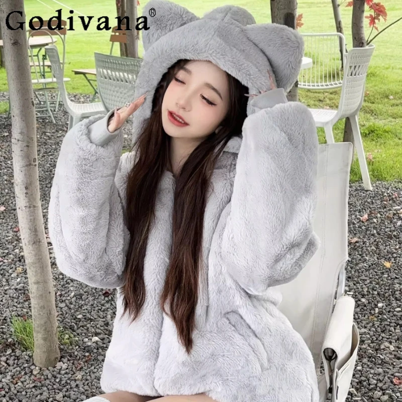 لطيف أفخم الخريف الشتاء معطف الأصلي الإناث صوف مبطن سترة يابانية دافئة المرأة الحلو رقيق القطن مبطن معاطف