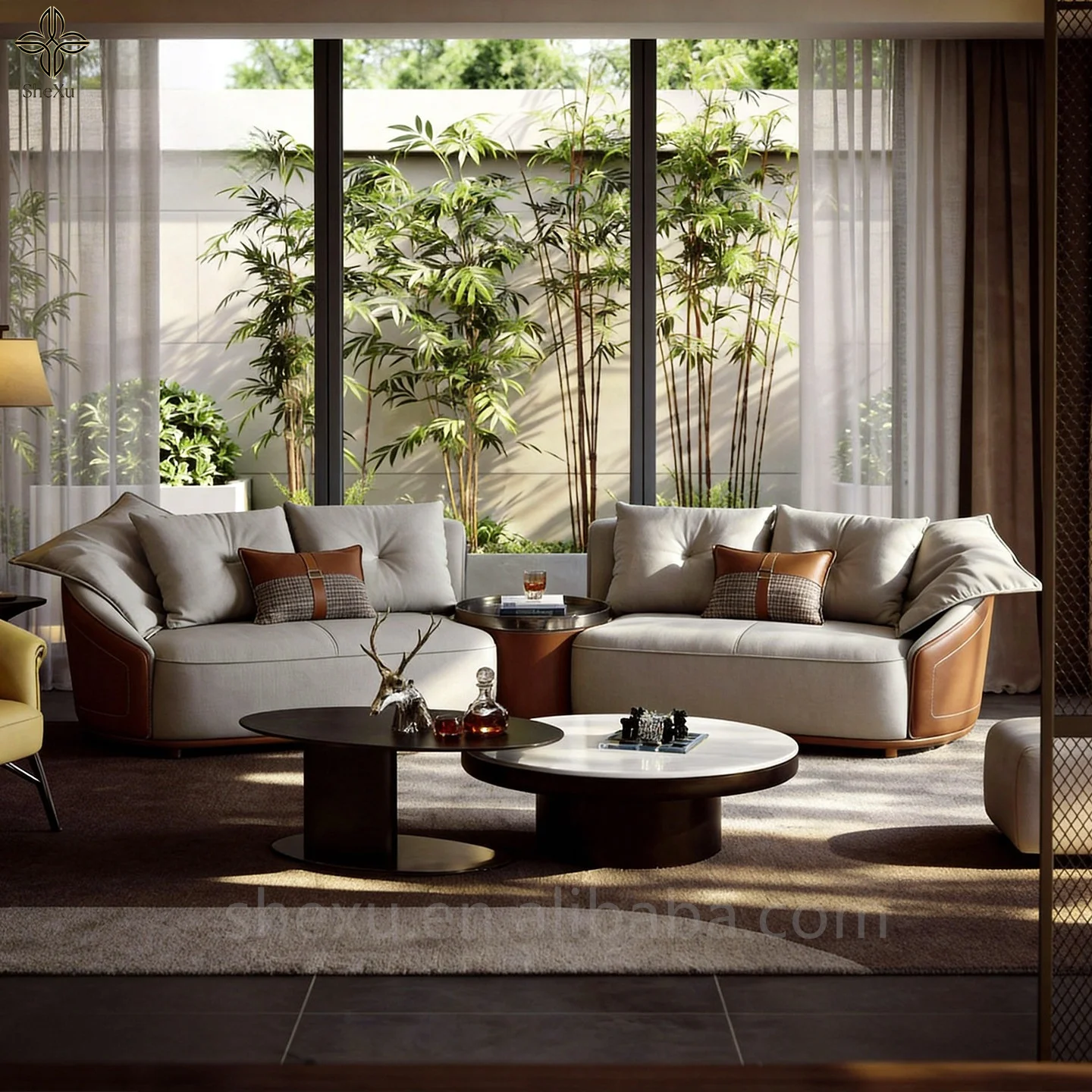 *Luxury leather sofa villa curved corner sofa living room combination new design sofa overall matching one-stop service
