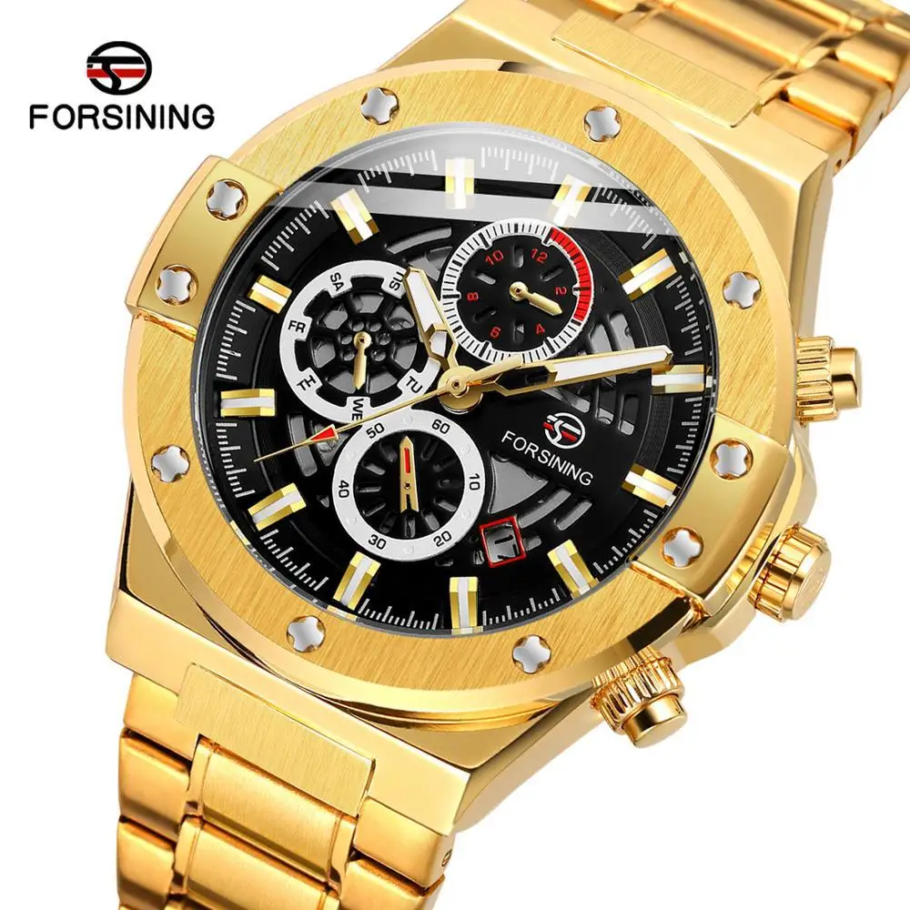 

Fashion Forsining Top Brand Full Stainless Steel Hollow Calendar Week Men's Luminous Automatic Mechanical Multifunctional Watch