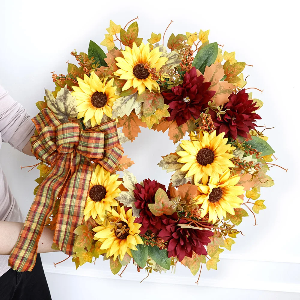 

Fall Wreath 20inch Fall Sunflower Wreaths for Front Door Artificial Autumn Wreath with Maple Leaves Burlap Bows for Thanksgiving