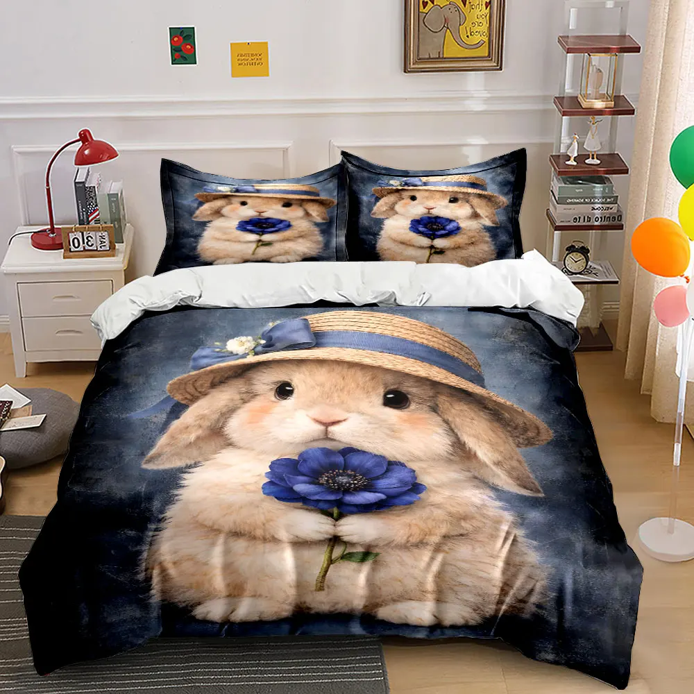 Adorable rabbit wearing a hat holding flower Bedding Set for Kids Luxury Gift 3pcs Digital Print Comforter Set Soft Comfortable