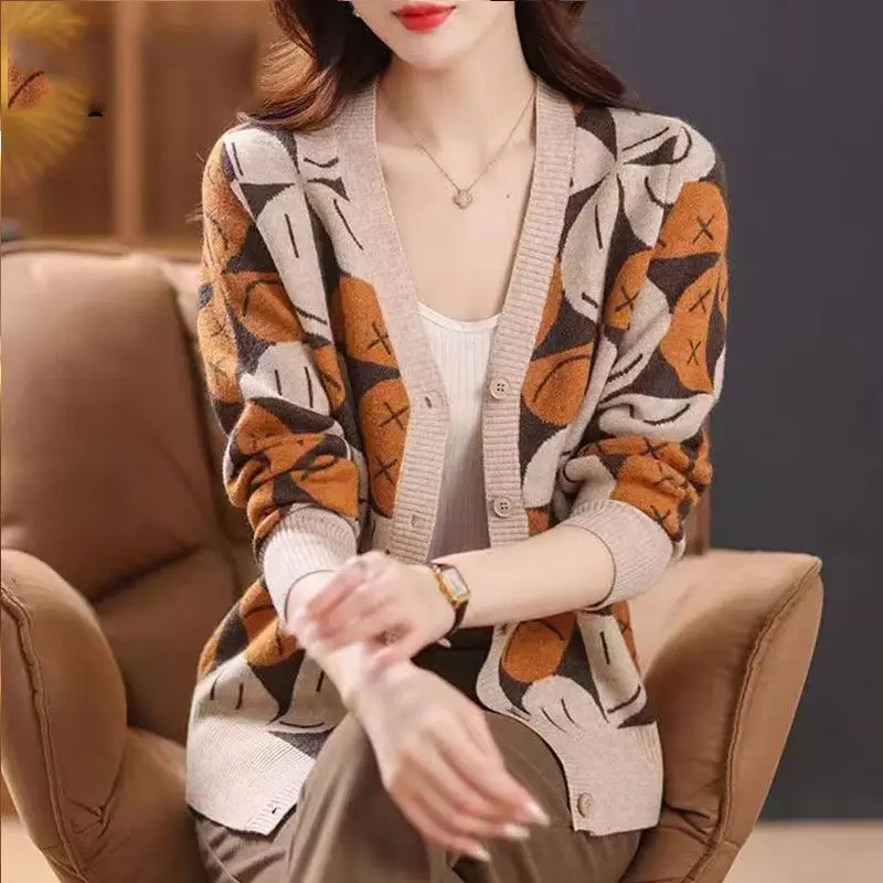 2024 Ladies New Knitting Cardigan Autumn Winter V-neck Long Sleeve Cartoon Sweater Coat Women Clothes Fashion Plaid Slim Top Tee