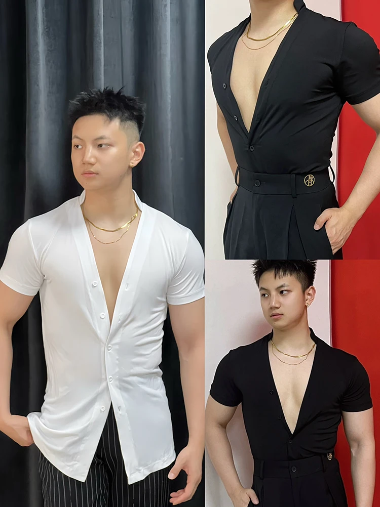 2024 New V-Neck Black White Black Long-Sleeved Shirt National Standard Latin Dance Practice Clothes Men Latin Costumes DN11568