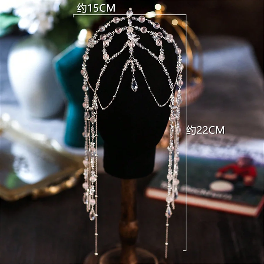 Shining bridal crown tiara Korean style super fairy crystal tassel beaded forehead ornament high-end wedding styling accessories