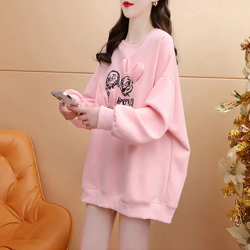 Minimal Design Sense Sweatshirts Women Early Spring 2023 Loose Rabbit Embroidery Small Versatile O Neck Sweatshirt Female Top