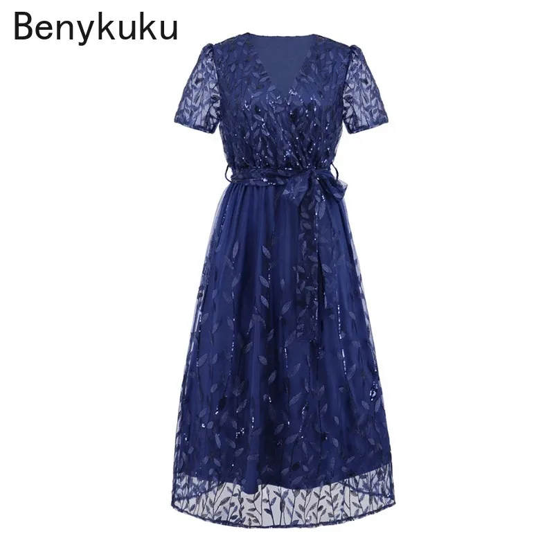 

Sequin Embroiderey Mesh Birthday Party Dresses 2024 Women Elegant V-Neck High Waist Spring Summer Evening Cocktail Long Dress