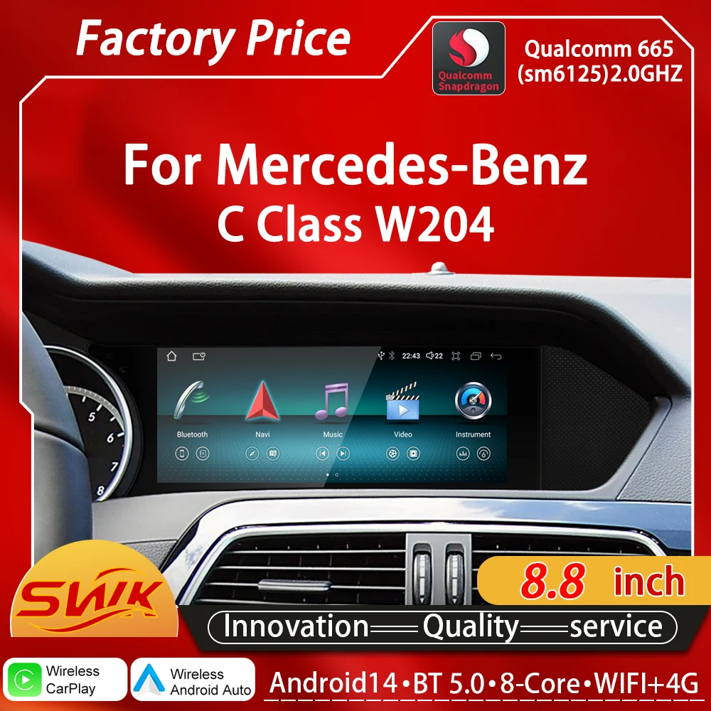 

Qualcomm Snapdragon665 6125 Android14 для Mercedes C Class W204, 8,8-дюймовый автомобильный видеоплеер, мультимедийное радио, беспроводной CarPlay