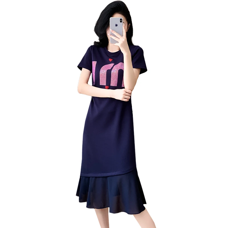 T-shirt in cotone da donna abiti estivi da donna O collo manica corta di grandi dimensioni elegante una linea blu Navy Slim Chiffon Ruffles Vestidos