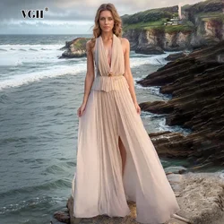 VGH Solid Patchwork Metal Pleated Dresses For Women Halter Sleeveless Backless High Waist Temperament Summer Dress Female New