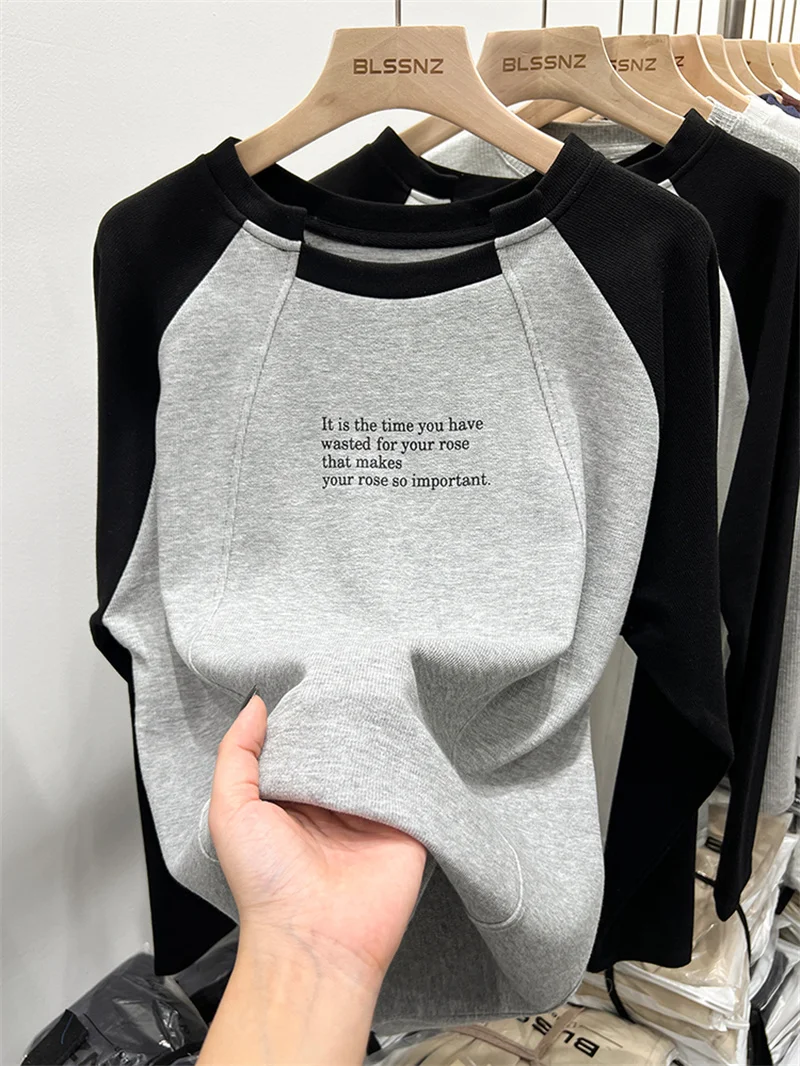 

Loose Long Sleeve T-Shirt Women's Brand Cut Label Color Block Base Shirt Korean Style Polyester Cotton Spandex round Neck Top