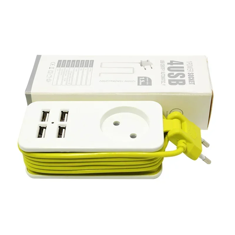 EU Power Strip with 4 USB Portable Extension European Socket Plug 1.5m Cable Power Strip Travel Adapter