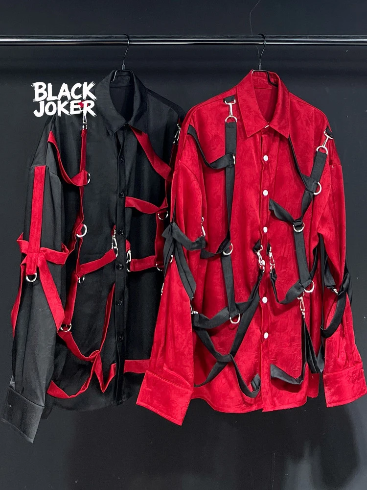 BLACK JOKER Original design new strap design red loose casual long-sleeved shirt for men and women unisex tops