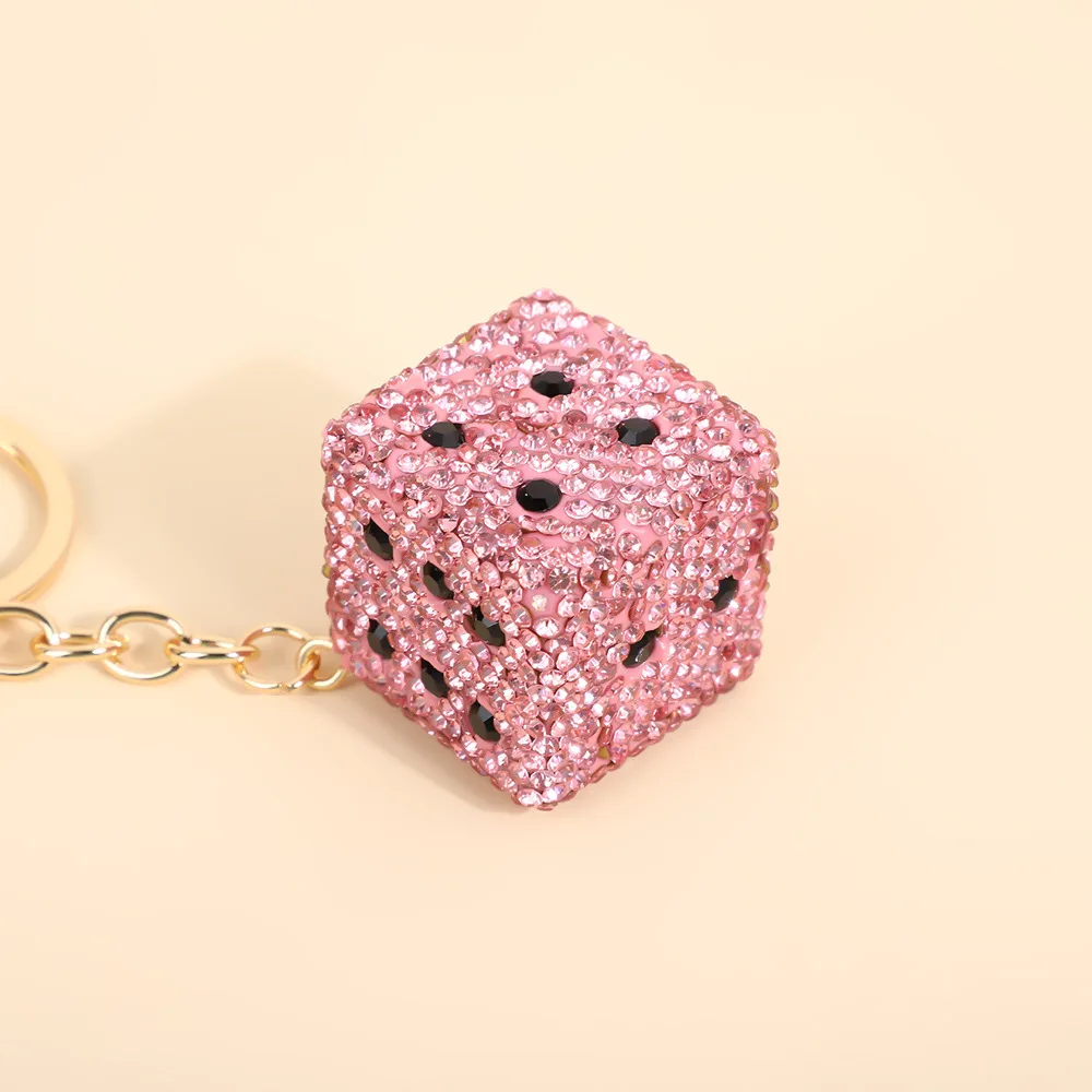 Luxury Sparkling Rhinestone Pink Dice Bag Charm Glitter Crystal Dice Keychain Fashion Accessory Gift For Game Casino Enthusiasts