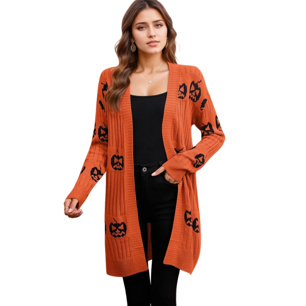 

Halloween Knit Cardigan For Women Fashion Long Open Front Sweater Festive Holiday Outerwear Blouses