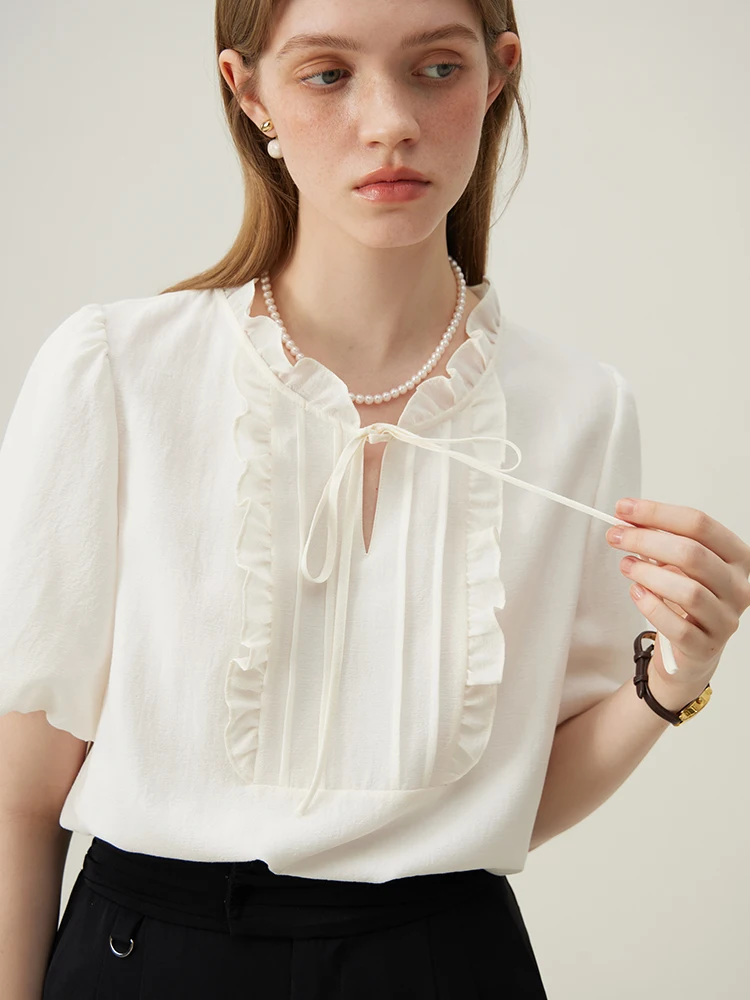 FSLE Lace Up Neckline Women Summer Grey Temperament Short Sleeve Blouses 42.2% Acetate Office Lady Loose Shirts 24FS12408