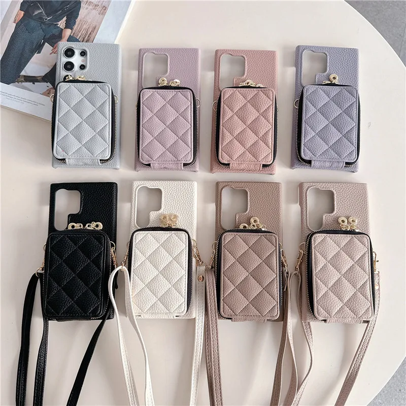 Crossbody Bag Lichee Pattern Wallet Phone Holder Zipper Case for Samsung S24 Ultra S23 Plus S22 A35 15 25 A54 14 24 34 53 13 33