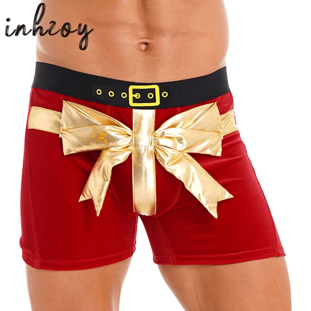 Mens Christmas Theme Party Costume Bowknot Velvet Boxer Brief Wide Elastic Waistband Shorts