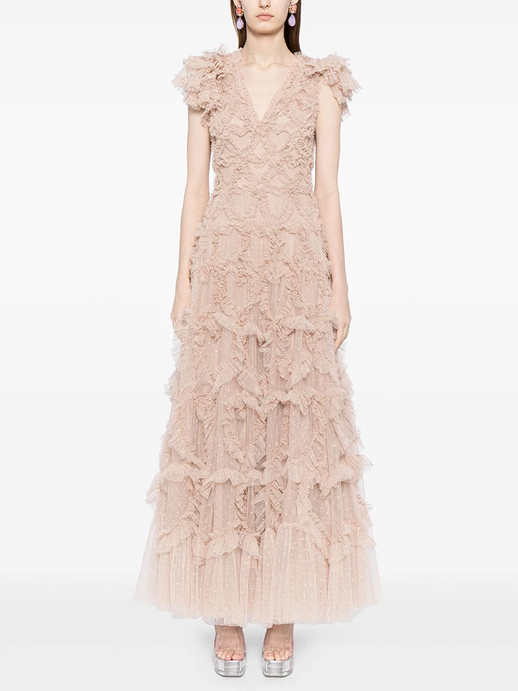 CHICEVER-vestidos con volantes empalmados para mujer, vestido largo de fiesta con cuello en V, manga corta, cintura alta, retazos y cremallera