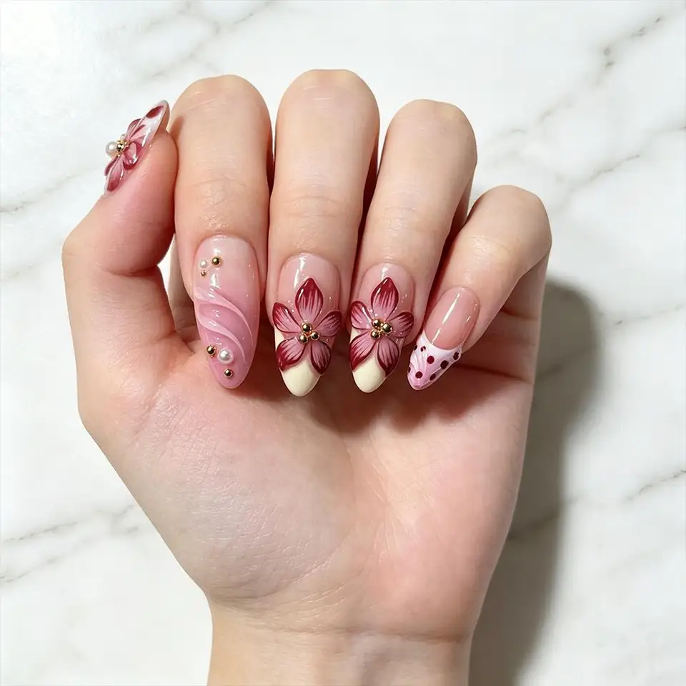 10 piezas de uñas postizas hechas a mano con flores 3D y cuentas doradas, color nude rosa, francesas, en forma de almendra, tallas M/S/XS, artificiales y reutilizables 4