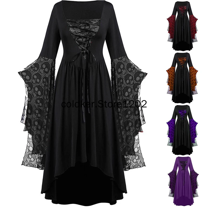 

2022 Medieval Vintage Dark Skull Head Lace Mesh Irregular Dress Witch Vampire Bat Sleeve Cosplay Halloween Costumes for Women