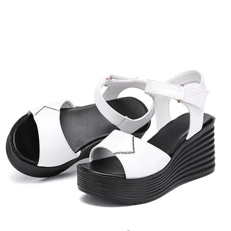 BEYARNE Summer Leather Casual Beach Shoes  Comfortable High Heels Sandals Women Platform Wedges Sandals Office White