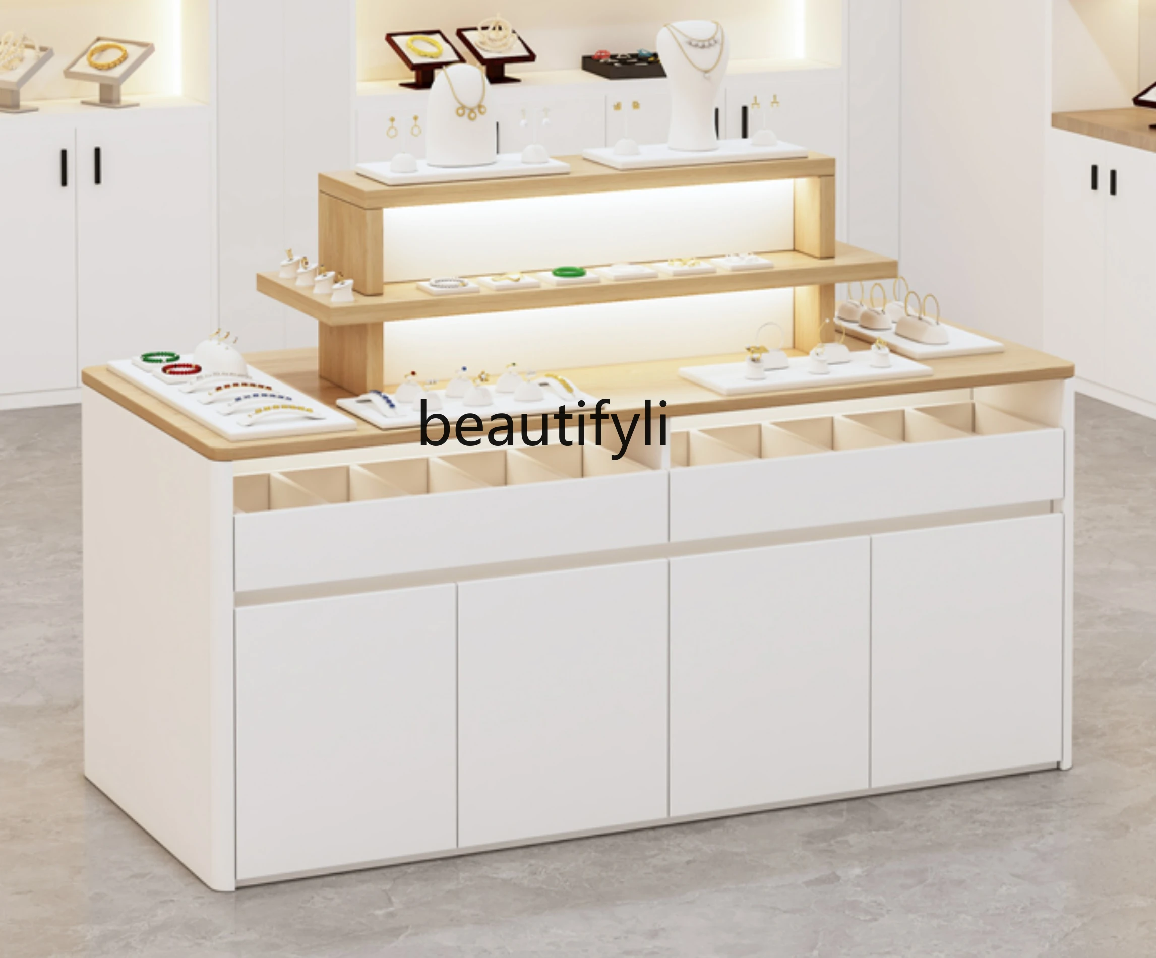 

Solid wood cosmetics and jewelry store Nakajima flow table jewelry counter shoe bags and hats double-sided display cabinet