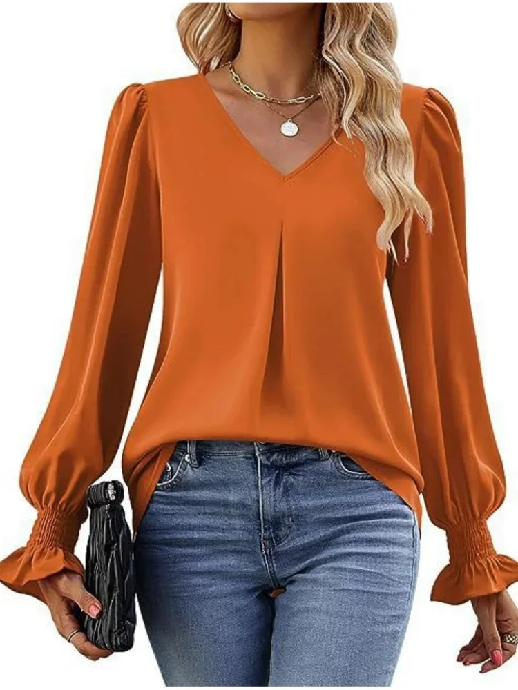 Blusa informal de manga larga para mujer, camisa con cuello en V, Color liso, estilo primavera y verano