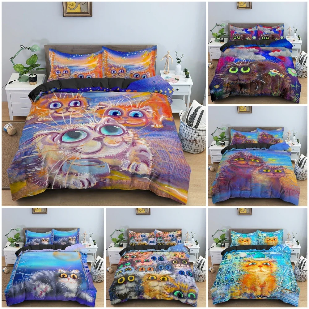 

Watercolor Cartoon Cat Pattern Quilt Cover Bedding Set Bedroom Decor Duvet Covers Pillowcase King Twin Single Bedclothes 2/3Pcs