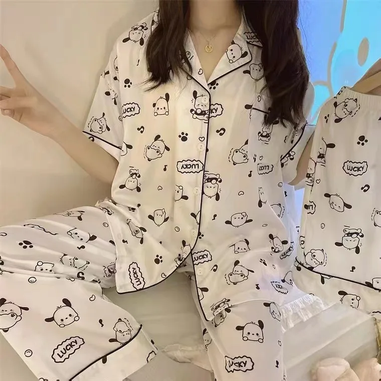 

Lovely Sanrio Pajamas Suit Cartoon Kawaii Pochacco Cinnamoroll Kuromi Girl Short Sleeve Soft Three Piece Set Leisure Wear Gift