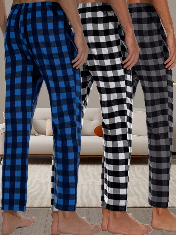 Men\'s plaid pajama pants home leisure loose straight pants comfortable leisure home three pairs of pants