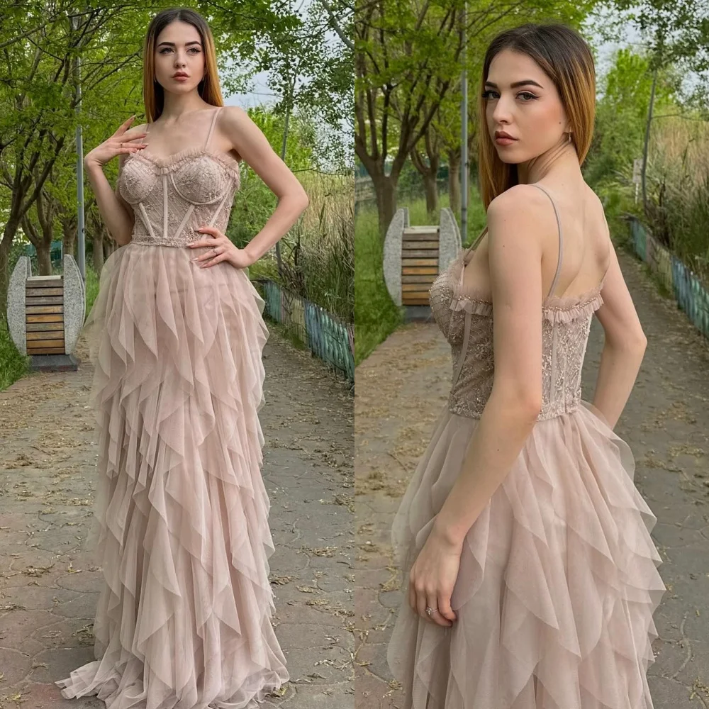 Robe trapèze plissée en tulle avec bretelles spaghetti, sur mesure, robes longues pour occasions