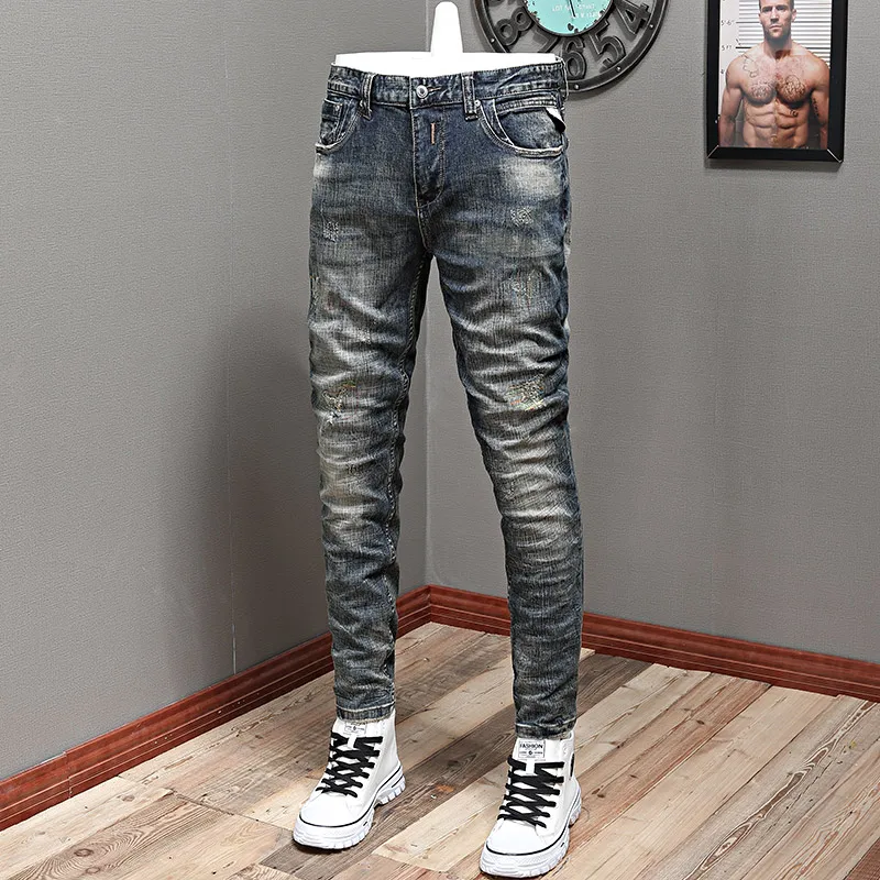 

Fashion Designer Men Jeans Retro Blue Elastic Slim Fit Ripped Jeans Men Embroidery Patched Vintage Casual Denim Pants Hombre