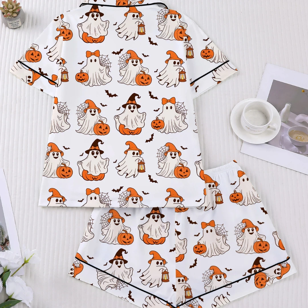 Christmas Themed Pajama  with Pumpkin Print Lapel Short Sleeve Short Trousers Loungewear Home Wear Set Clothes Gifts for Women