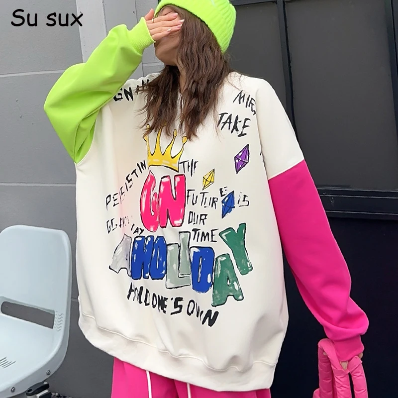 Casual Letter Graffiti Patchwork Oversized Sweatshirts Tops Women Y2k Hoodies Clothes Pullover Long Sleeve Top Vestidos Bust 132