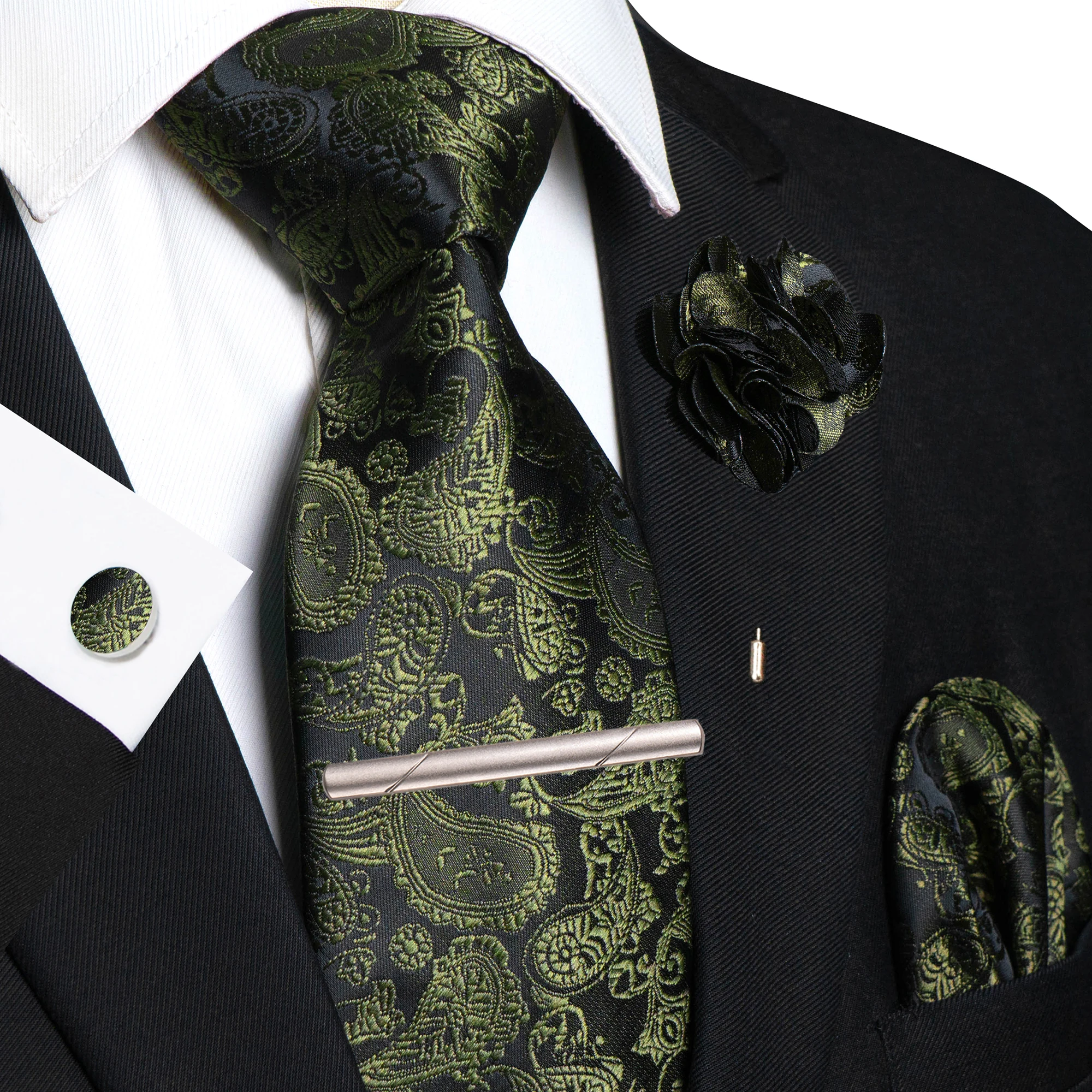 Champagnerfarbene Seidenkrawatte mit Blumen-Paisley-Muster für Herren, Bräutigam, Hochzeit, Herrenkrawatte, Einstecktuch, Manschettenknöpfe, Brosche, Krawattenklammer, Accessoire – Detail 8